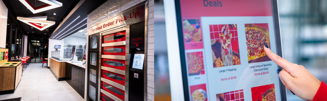 The store design features heated pick-up cabinets and kiosks for ordering. 